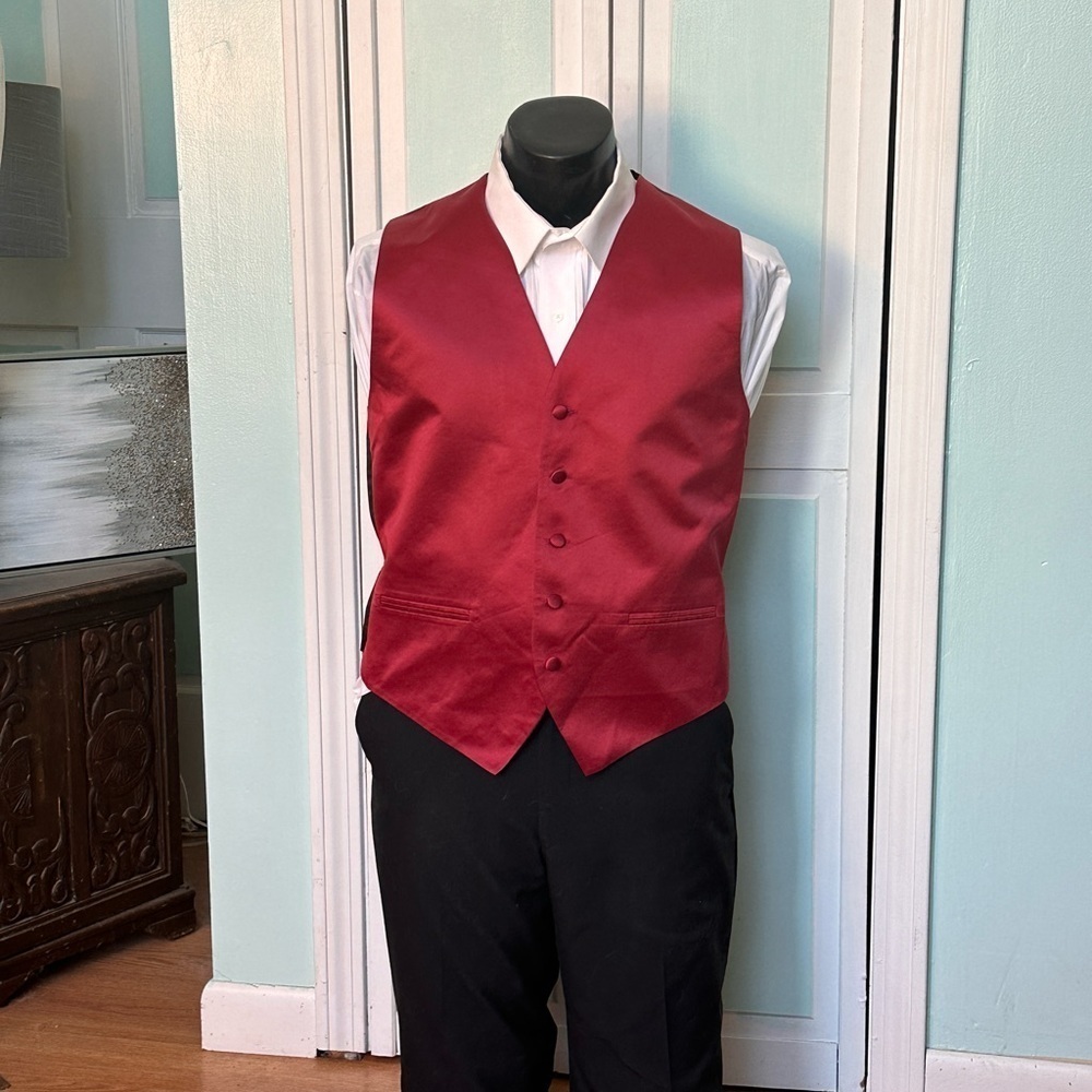 Apple Claret Red Satin Closed Back Vest Wedding Prom Men’s 2XL 2X